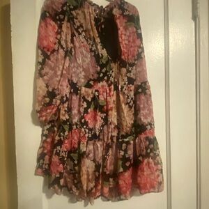 H&M Pink and Orange Ruffled Tiered Sundress with Bishop Sleeves
